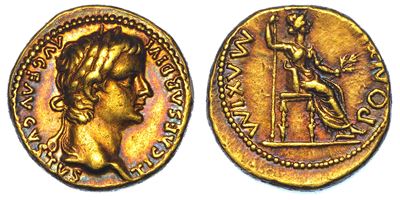 Tiberio, Aureo con testa laureata e R/ Pax-Livia seduta - Lugdunum, 14-37 d.C.