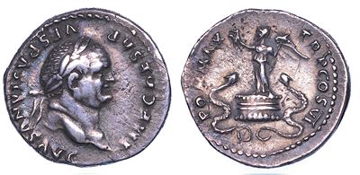 Vespasiano, Denario del 75 d.C. con Vittoria e cista mistica