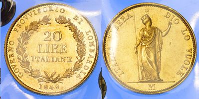 Governo Provvisorio di Lombardia, 20 Lire, 1848, Oro