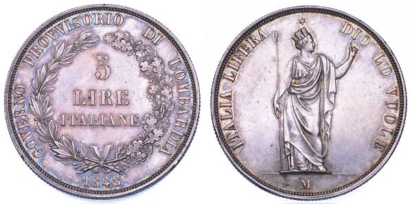 MILANO. GOVERNO PROVVISORIO DI LOMBARDIA, 1848. 5 Lire 1848. Rami lunghi.