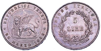 Venezia, Governo Provvisorio di Venezia, 1848-1849, 5 Lire 1848 (I tipo)