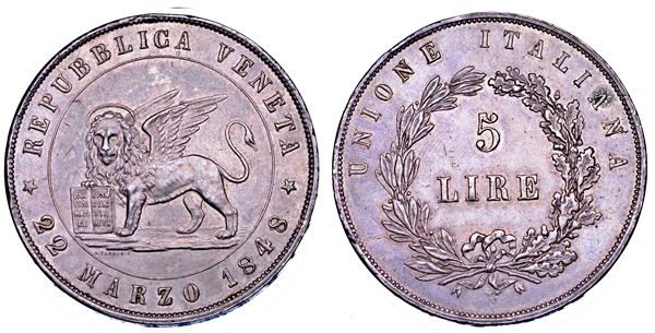 VENEZIA. GOVERNO PROVVISORIO DI VENEZIA, 1848-1849. 5 Lire 1848 (I tipo).