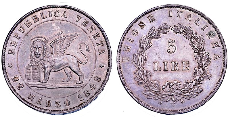VENEZIA. GOVERNO PROVVISORIO DI VENEZIA, 1848-1849. 5 Lire 1848 (I tipo).  - Asta Numismatica - Cambi Casa d'Aste