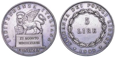 Governo Provvisorio di Venezia, Moneta da 5 Lire, 1848 (II tipo)