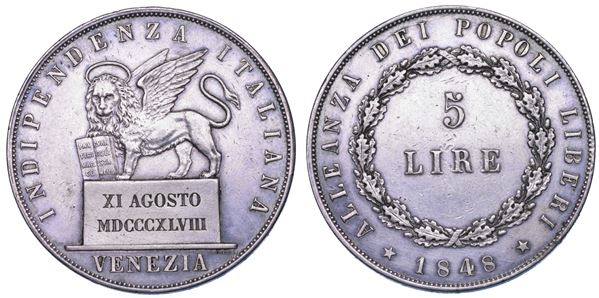 VENEZIA. GOVERNO PROVVISORIO DI VENEZIA, 1848-1849. 5 Lire 1848 (II tipo).