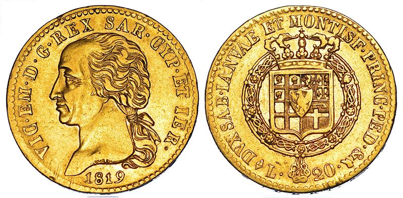 REGNO DI SARDEGNA. VITTORIO EMANUELE I DI SAVOIA, 1802-1821. 20 Lire 1819. Torino.  - Asta Numismatica - Cambi Casa d'Aste