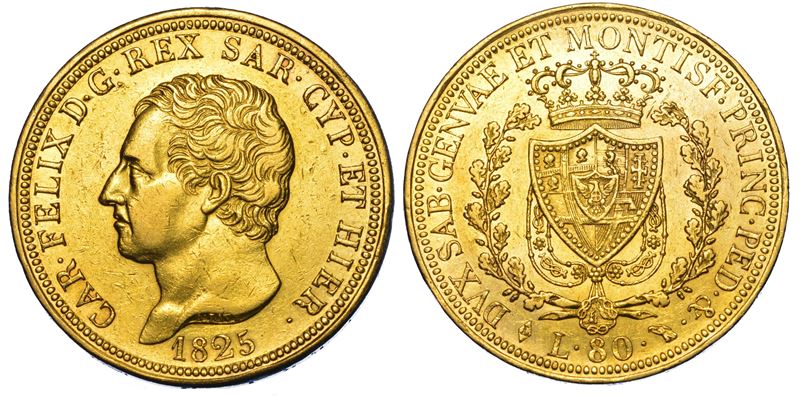 REGNO DI SARDEGNA. CARLO FELICE DI SAVOIA, 1821-1831. 80 Lire 1825. Torino.  - Auction Numismatics - Cambi Casa d'Aste