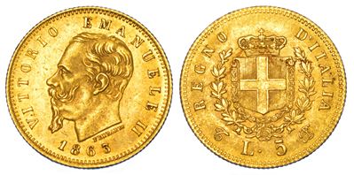 Vittorio Emanuele II di Savoia, 5 Lire 1863, oro, Torino