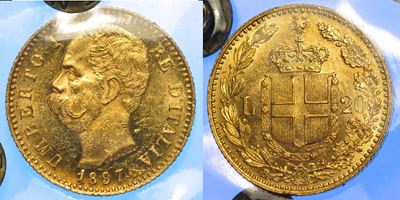 Regno d'Italia, Umberto I di Savoia, 20 Lire 1897, oro, g. 6,43, diam. mm. 21,33