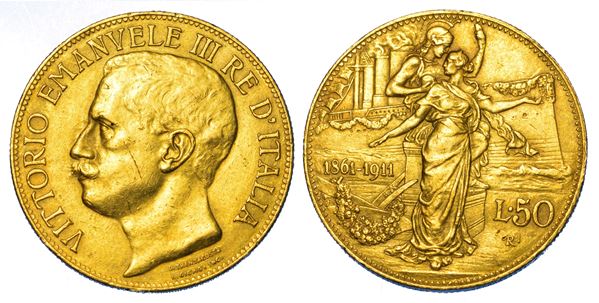 REGNO D'ITALIA. VITTORIO EMANUELE III DI SAVOIA, 1900-1946. 50 Lire 1911. Cinquantenario.