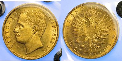Vittorio Emanuele III di Savoia, 20 Lire 1905, Aquila sabauda coronata, oro