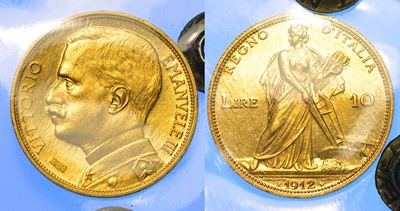 Regno d'Italia, Vittorio Emanuele III di Savoia, 10 Lire 1912, Aratrice in oro