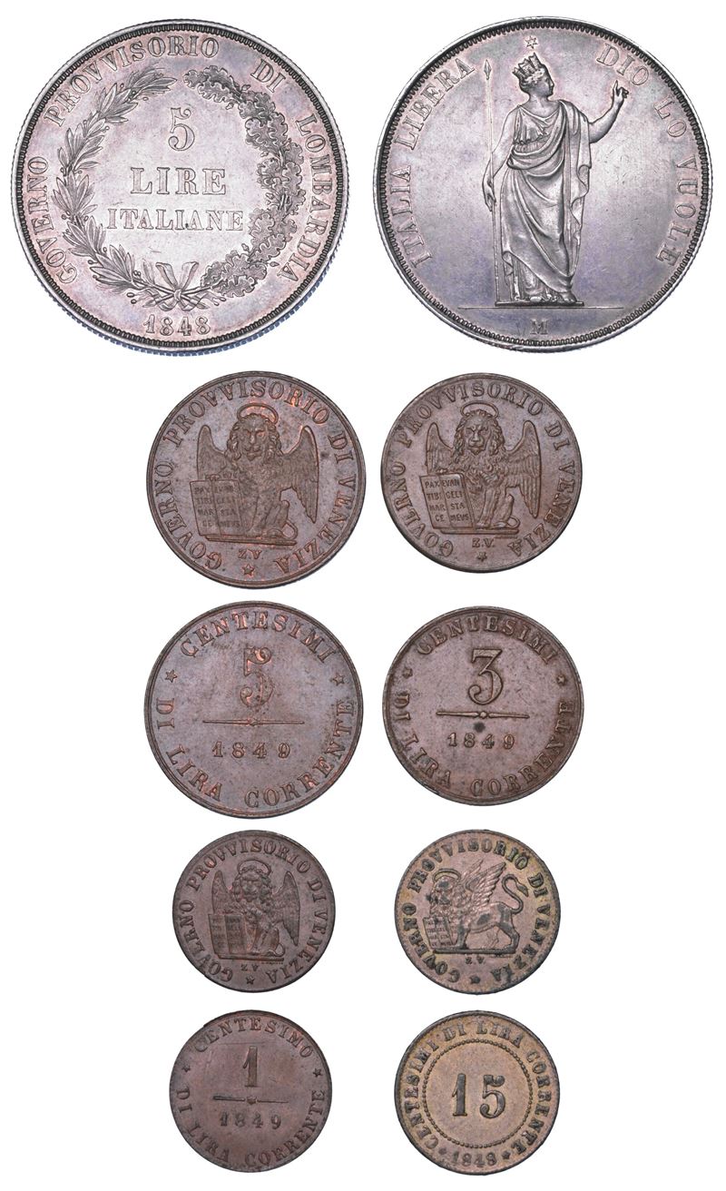 GOVERNI PROVVISORI DI LOMBARDIA E DI VENEZIA. Lotto di cinque monete.  - Auction Numismatics - Cambi Casa d'Aste