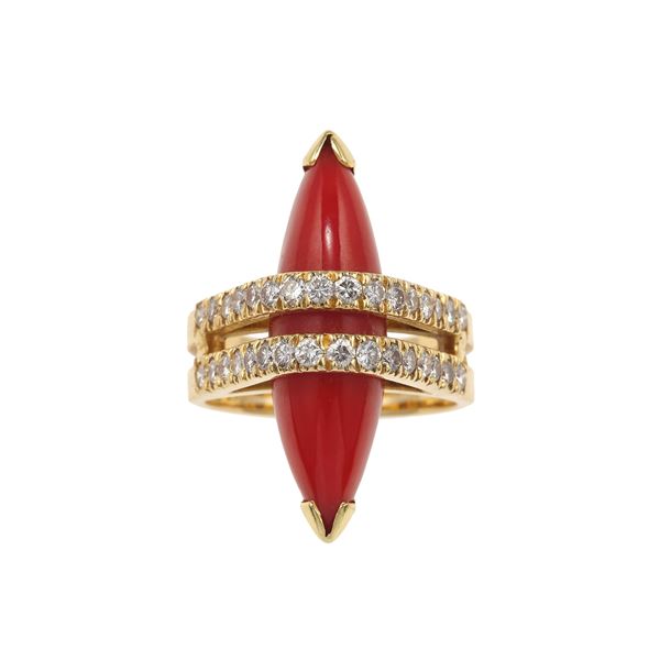 Coral, diamond and gold ring. Signed Repossi, fitted case