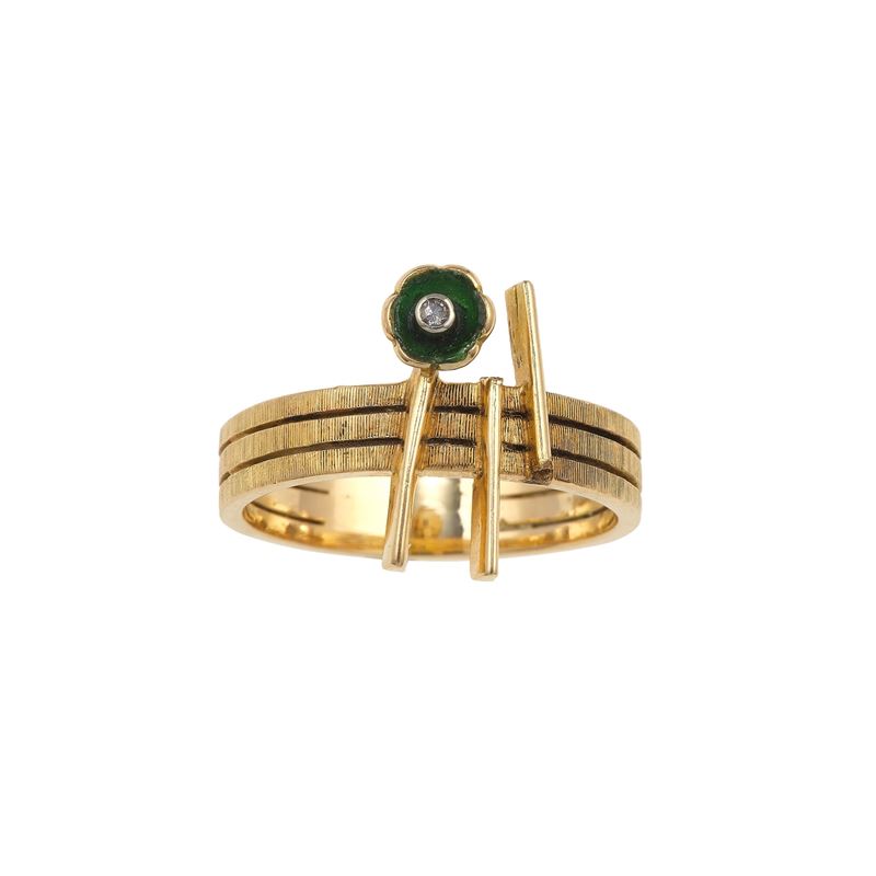 Anello con smalto verde e piccolo diamanti  - Asta Gioielli - Cambi Casa d'Aste