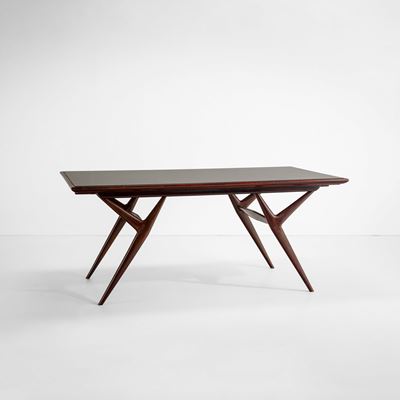 Tavolo, struttura in legno con piano in vetro colorato, Italia, circa 1950