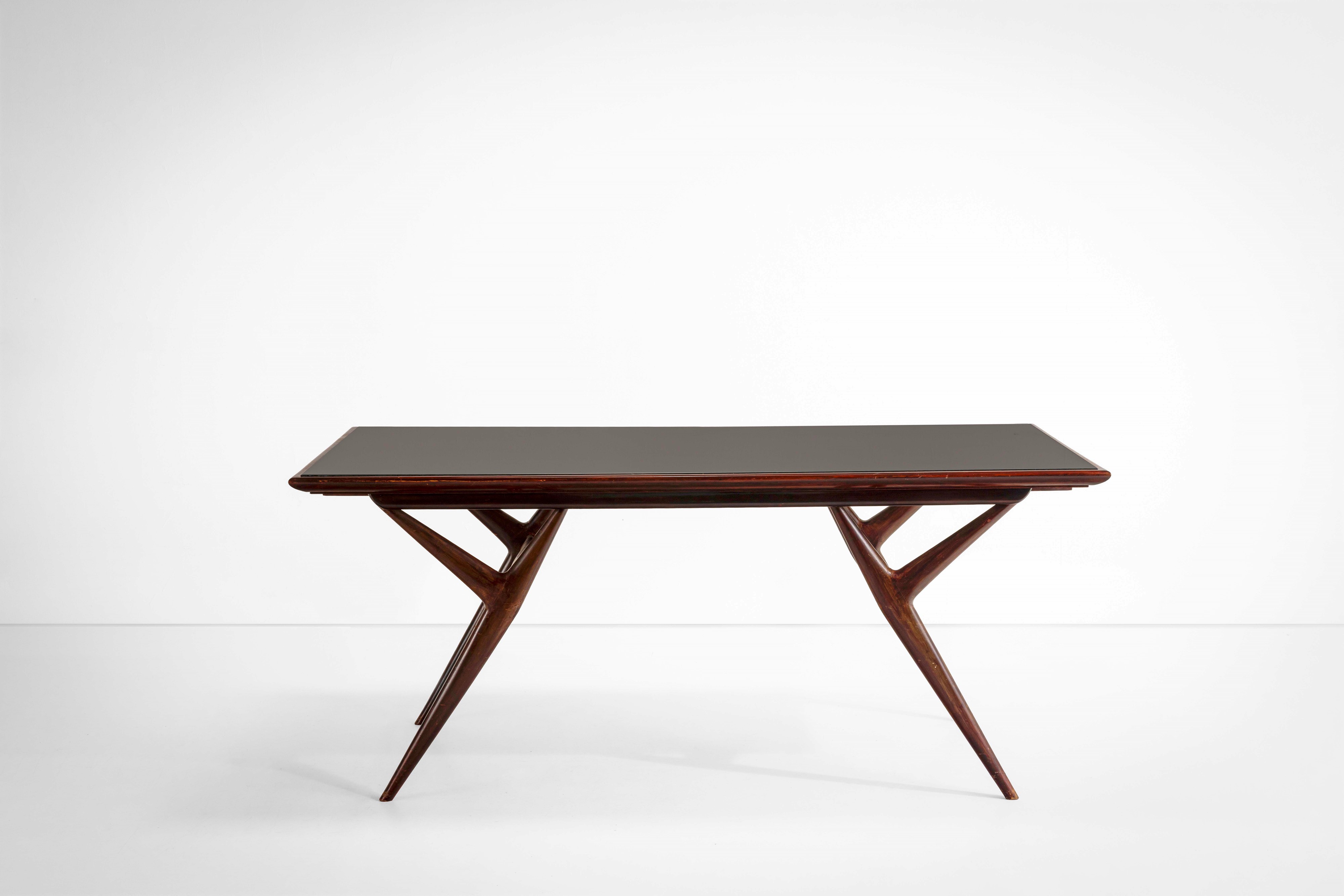 Tavolo, struttura in legno con piano in vetro colorato, Italia, circa 1950