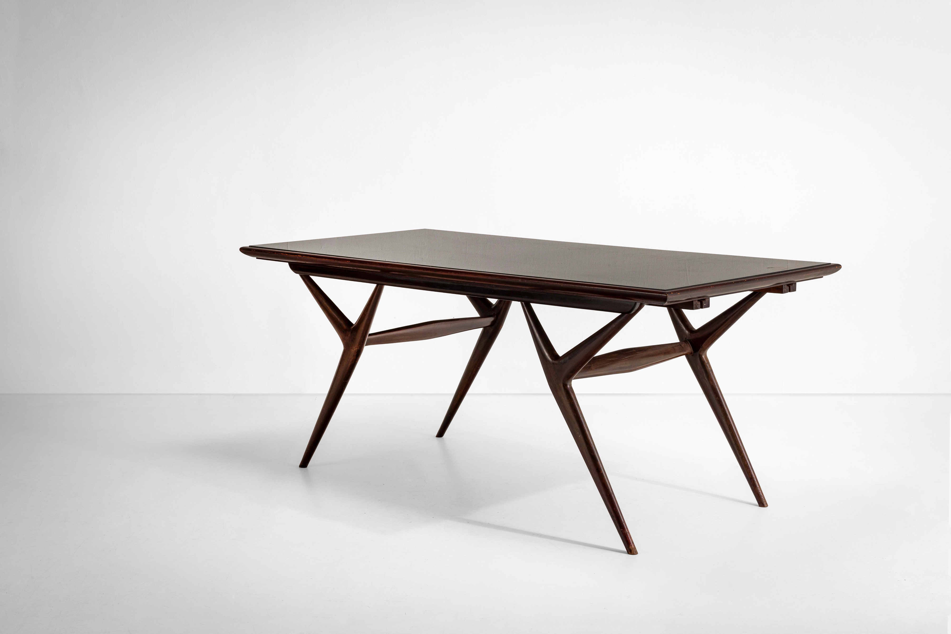 Tavolo, struttura in legno con piano in vetro colorato, Italia, circa 1950