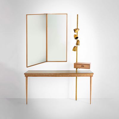 Coiffeuse italiana, console con lampada e specchiera in legno e ottone, circa 1950