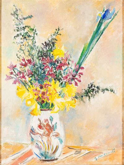 Fiori gialli e iris, olio su cartone telato