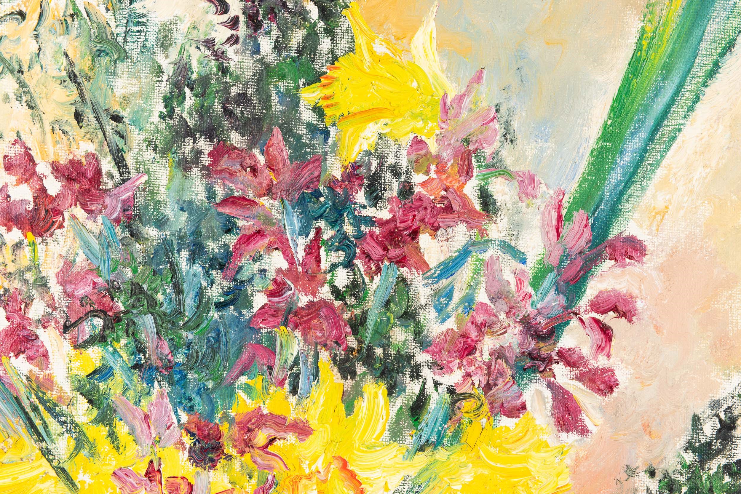Giovanni Omiccioli - Fiori gialli e iris, olio su cartone telato