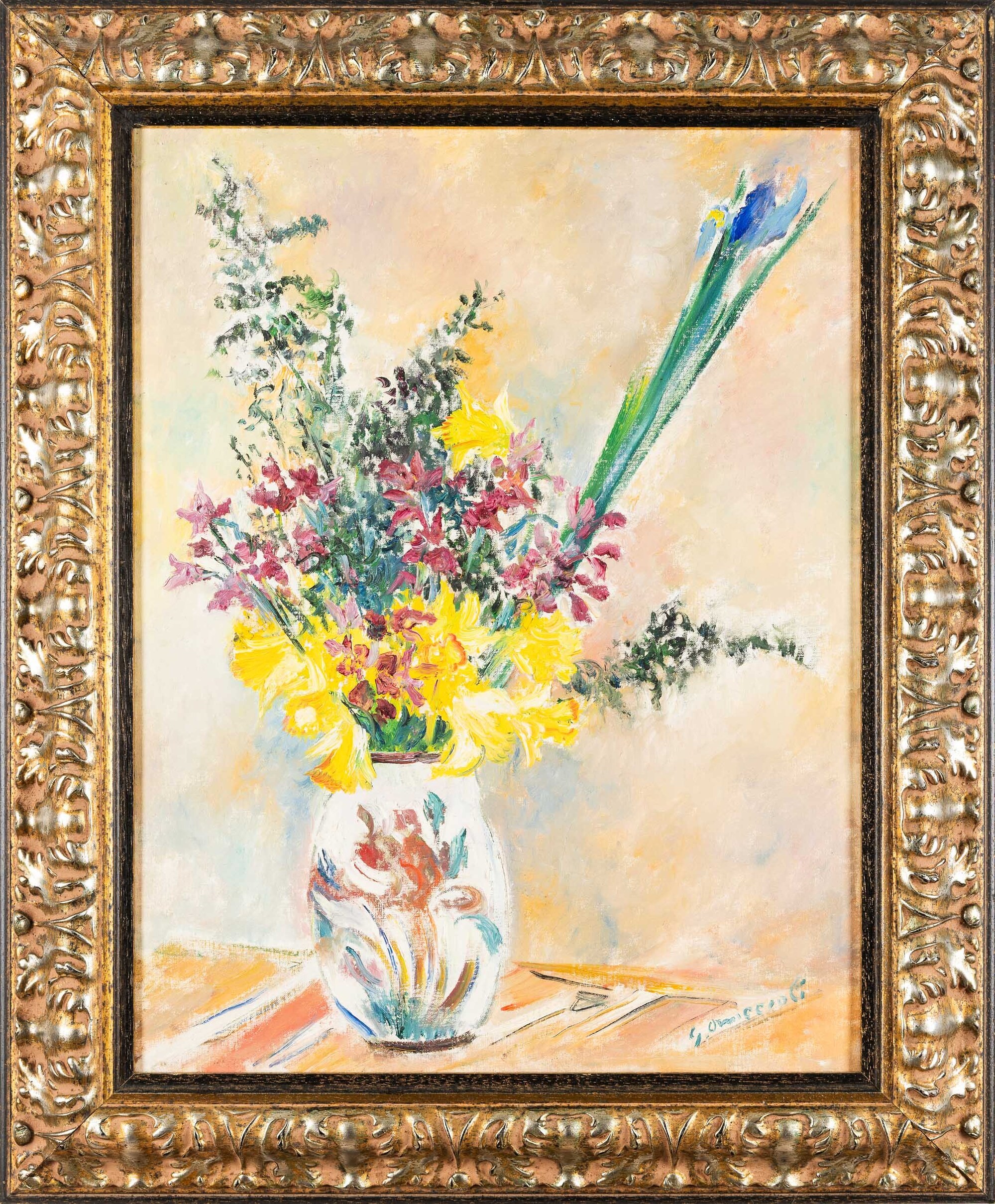 Giovanni Omiccioli - Fiori gialli e iris, olio su cartone telato