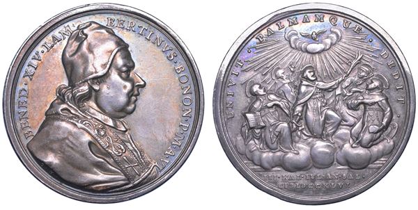 STATO PONTIFICIO. BENEDETTO XIV (Prospero Lorenzo Lambertini), 1740-1758. Medaglia annuale in argento 1746/A. VI. Nuove Canonizzazioni.