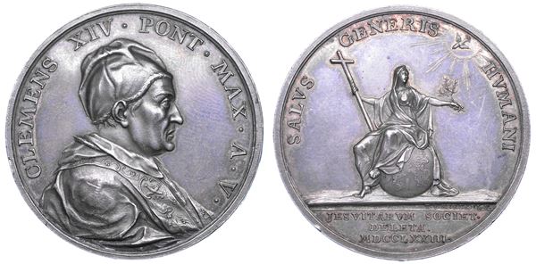 STATO PONTIFICIO. CLEMENTE  XIV (Gian Vincenzo Antonio Ganganelli), 1769-1774. Medaglia in argento 1773/A. V. Cacciata dei Gesuiti.