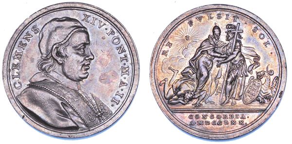 STATO PONTIFICIO. CLEMENTE XIV (Gian Vincenzo Antonio Ganganelli), 1769-1774. Medaglia annuale in argento 1770/A. II. Riconciliazione con il Portogallo.