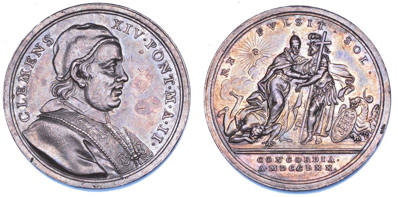 STATO PONTIFICIO. CLEMENTE XIV (Gian Vincenzo Antonio Ganganelli), 1769-1774. Medaglia annuale in argento 1770/A. II. Riconciliazione con il Portogallo.  - Asta Numismatica - Cambi Casa d'Aste