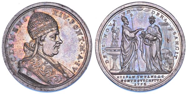 STATO PONTIFICIO. CLEMENTE  XIV (Gian Vincenzo Antonio Ganganelli), 1769-1774. Medaglia annuale in argento 1772/A. IV. Battesimo dell'Infante di Spagna.
