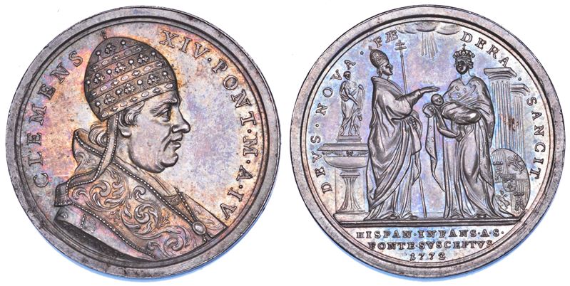 STATO PONTIFICIO. CLEMENTE  XIV (Gian Vincenzo Antonio Ganganelli), 1769-1774. Medaglia annuale in argento 1772/A. IV. Battesimo dell'Infante di Spagna.  - Auction Numismatics - Cambi Casa d'Aste