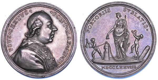 STATO PONTIFICIO. PIO VI (Giannangelo Braschi), 1775-1799. Medaglia annuale in  argento 1778/A. IV. Abolizione dei pedaggi.