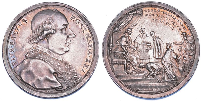 STATO PONTIFICIO. PIO VI (Giannangelo Braschi), 1775-1799. Medaglia annuale in argento (1795)/A. XXI. Gli ecclesiastici francesi espulsi dalla Rivoluzione, ospitati a Roma dal Papa.  - Asta Numismatica - Cambi Casa d'Aste