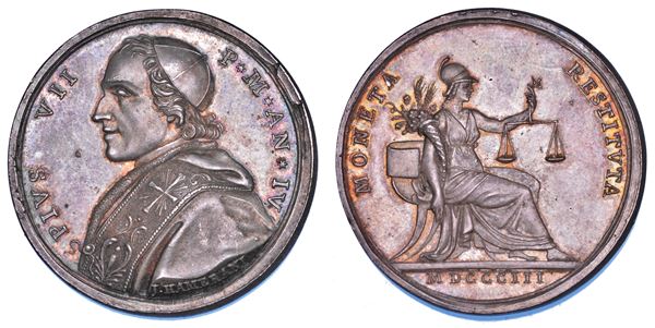 STATO PONTIFICIO. PIO VII (Barnaba Chiaramonti), 1800-1823. Medaglia annuale in argento 1803/A. IV. Nuovo sistema monetario.