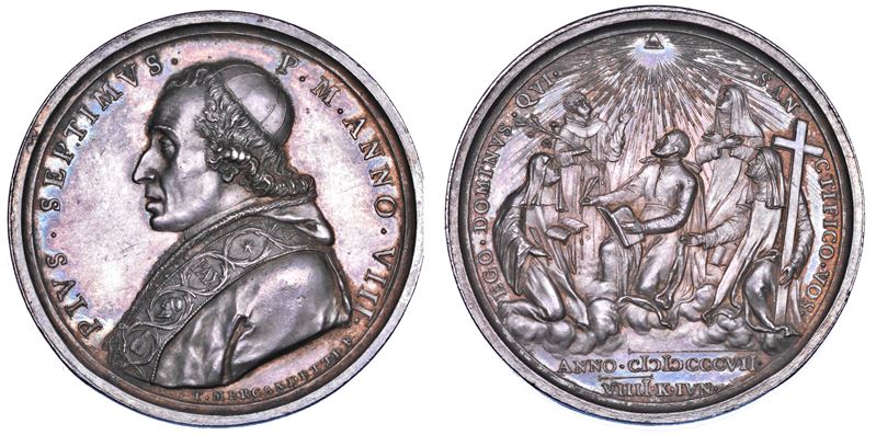 STATO PONTIFICIO. PIO VII (Barnaba Chiaramonti), 1800-1823. Medaglia annuale in argento 1807/A. VII. Canonizzazione di cinque nuovi Santi: San Francesco Caracciolo, San Benedetto il Moro, Santa Giacinta Marescotti, Santa Coletta da Corbie, Santa Angela Merici.  - Auction Numismatics - Cambi Casa d'Aste