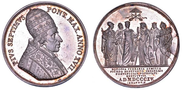 STATO PONTIFICIO. PIO VII (Barnaba Chiaramonti), 1800-1823. Medaglia annuale in argento 1815/A. XVII. Restituzione allo Stato Pontificio della sue province.