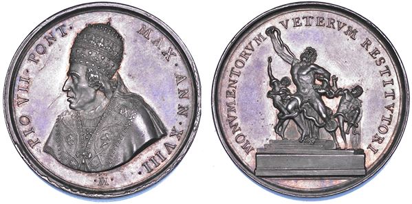 STATO PONTIFICIO. PIO VII (Barnaba Chiaramonti), 1800-1823. Medaglia annuale in argento (1817)/A. XVIII. Restituzione di opere d'arte da parte della Francia.
