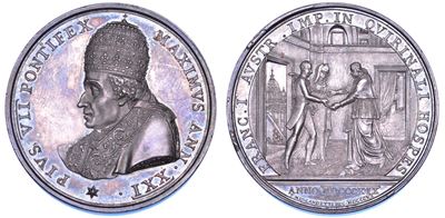 Medaglia annuale in argento del Papato di Pio VII (Barnaba Chiaramonti), 1820 - Visita dell'Imper...