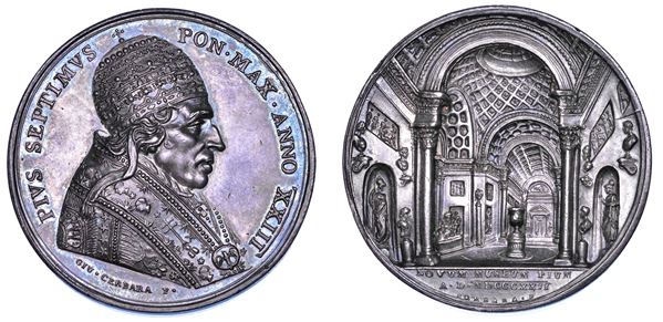 STATO PONTIFICIO. PIO VII (Barnaba Chiaramonti), 1800-1823. Medaglia annuale in argento 1822/A. XXIII. Ampliamento Museo Vaticano.