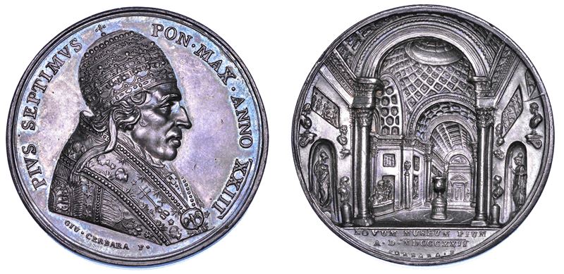 STATO PONTIFICIO. PIO VII (Barnaba Chiaramonti), 1800-1823. Medaglia annuale in argento 1822/A. XXIII. Ampliamento Museo Vaticano.  - Auction Numismatics - Cambi Casa d'Aste