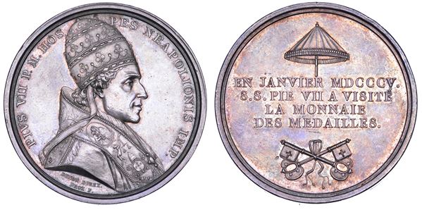 STATO PONTIFICIO. PIO VII (Barnaba Chiaramonti), 1800-1823. Medaglia in argento 1805/(A. IV). Visita del Pontefice alla zecca di Parigi.