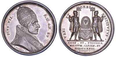 Pio VII (Barnaba Chiaramonti), Medaglia in argento commemorativa della visita alle truppe a Imola...