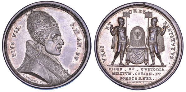 STATO PONTIFICIO. PIO VII (Barnaba Chiaramonti), 1800-1823. Medaglia in argento (1814)/A. XV. Visita alle truppe a Imola e Cesena.
