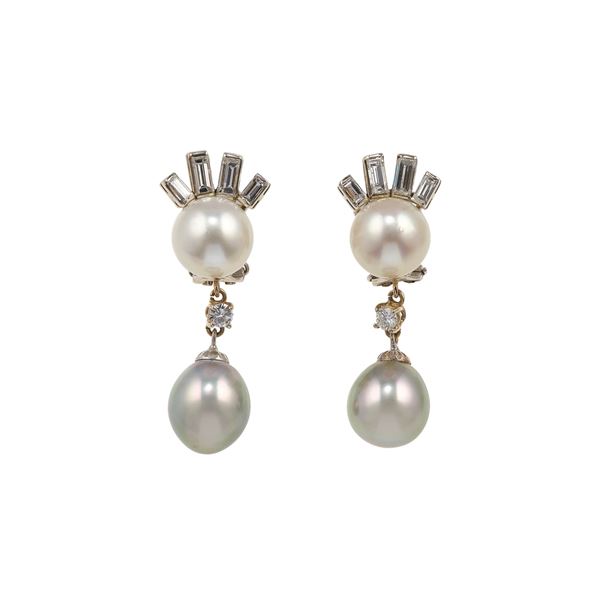 Pair of cultured pearl, diamond and gold earrings
