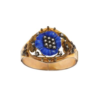 Bracciale rigido in oro 14Kt e argento con smalto blu e diamanti