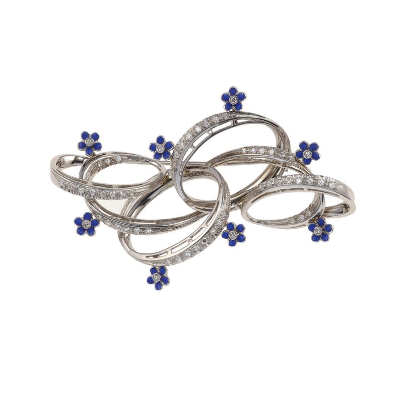 Spilla con piccoli diamanti taglio huit-huit e smalto blu  - Asta Gioielli - Cambi Casa d'Aste