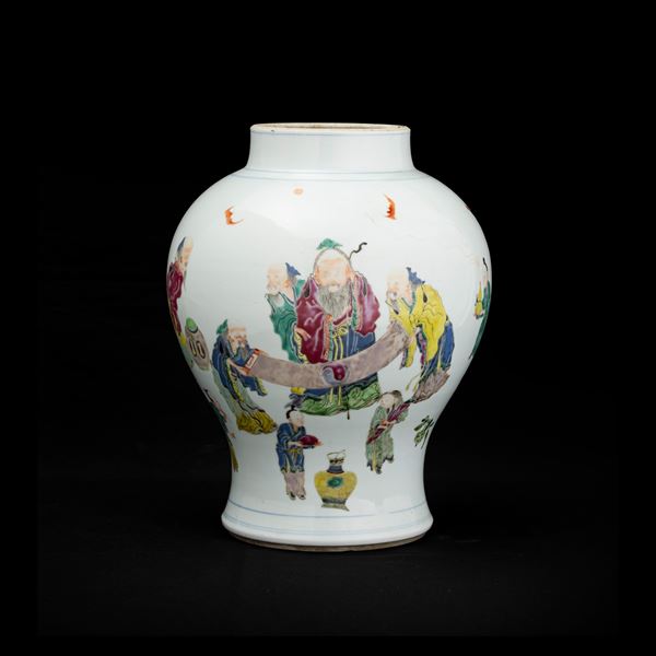 Vaso in porcellana raffigurante scena di saggi, Cina, Dinastia Qing, XIX secolo