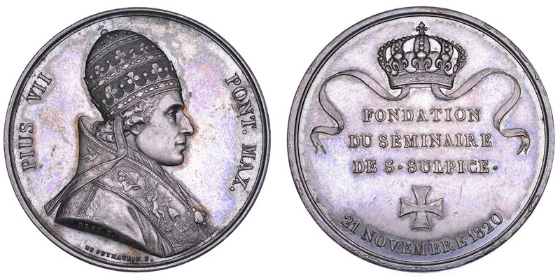STATO PONTIFICIO. PIO VII (Barnaba Chiaramonti), 1800-1823. Medaglia in argento 1820/(A.XXI). Fondazione del Seminario di Saint Sulpice a Parigi.  - Auction Numismatics - Cambi Casa d'Aste