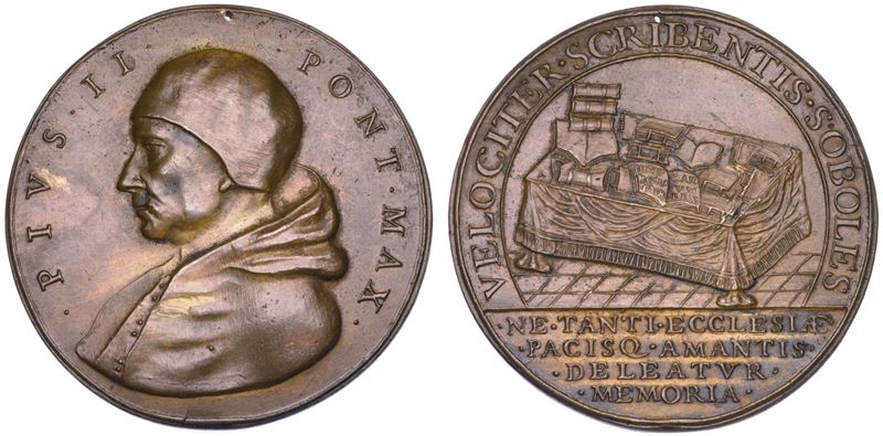 STATO PONTIFICIO. PIO II (Enea Silvio Bartolomeo Piccolomini), 1458-1464. Medaglia di restituzione in bronzo (circa 1664). Attività letteraria del Pontefice.  - Auction Numismatics - Cambi Casa d'Aste